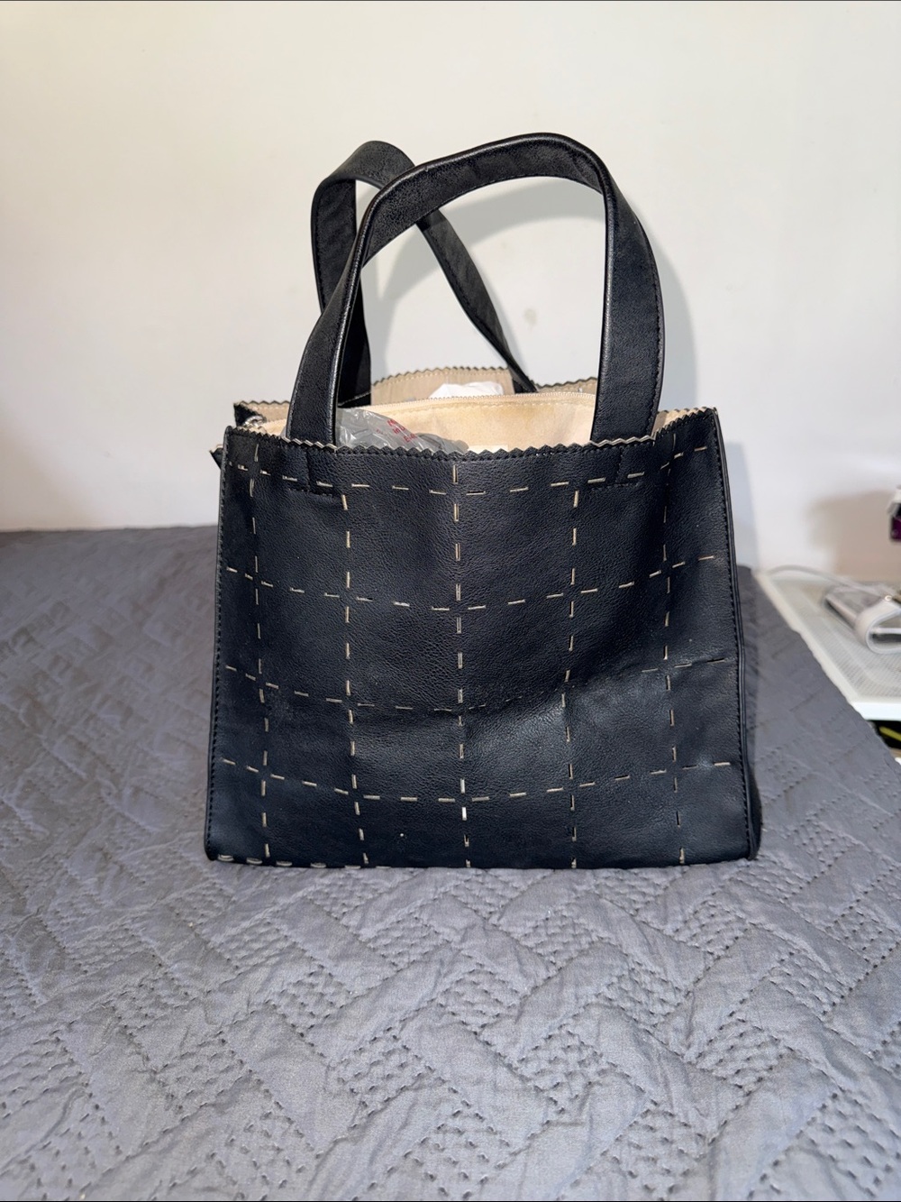Black Faux Leather Tote with Contrast Stitching